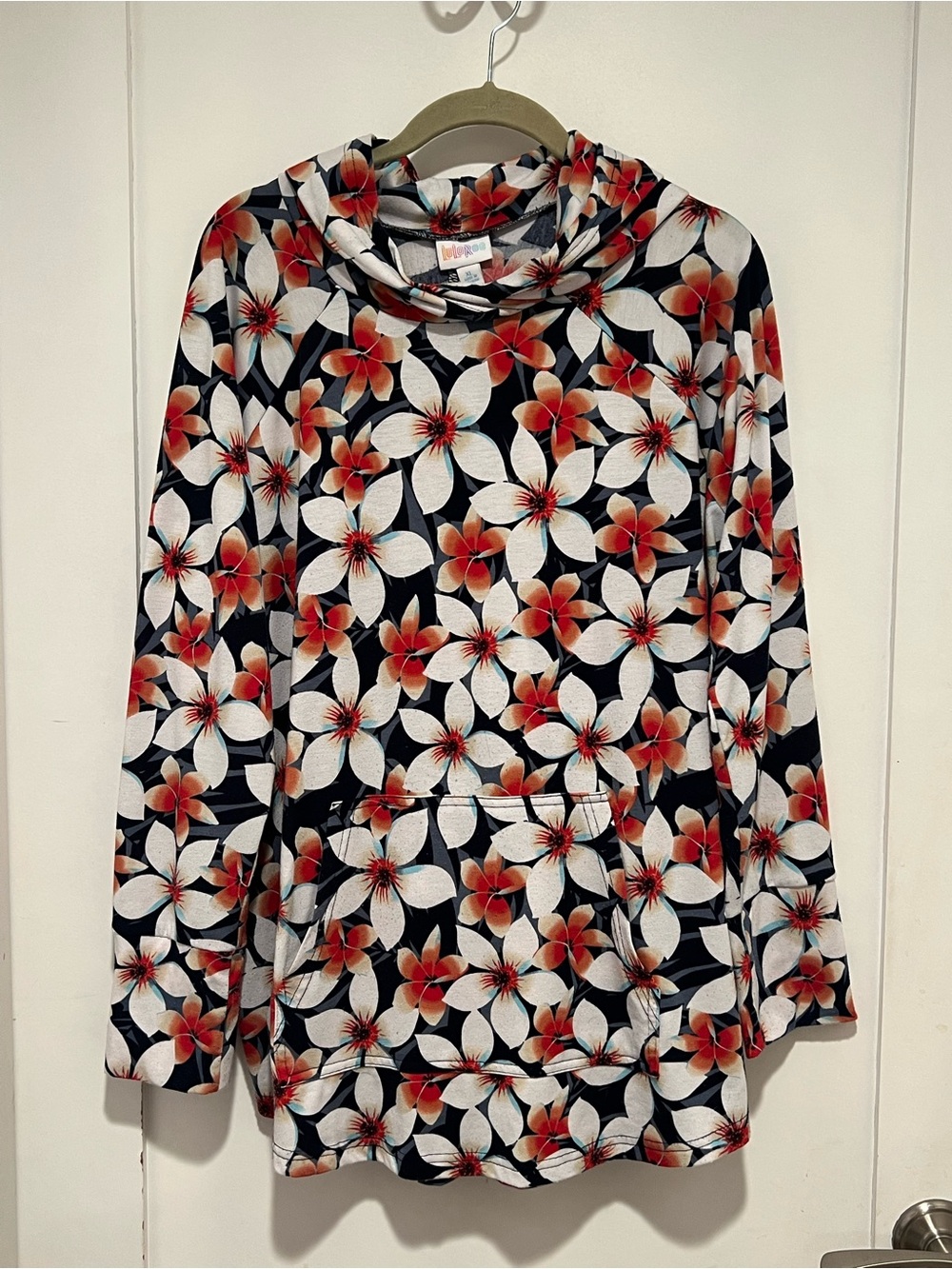🎈3/$45 LuLaRoe Amber XL Navy White & Orange Floral Print Pullover Hoodie | GUC